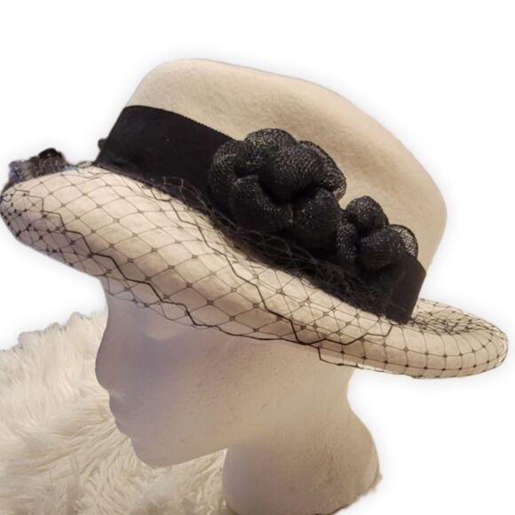 Vincent Wu Vintage Ivory Wool Derby Hat with Black Floral & Mesh Trim main image 10